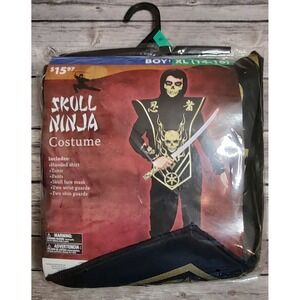 Halloween Skull Ninja Costume Outfit Boys Size XL 14 - 16 New  Black Gold ToneA9